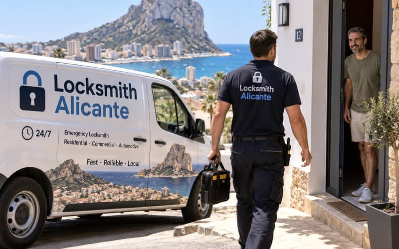 A locksmith carrying a tool case from a liveried van towards a customer waiting at an open front door, with a rocky headland and the sea behind.